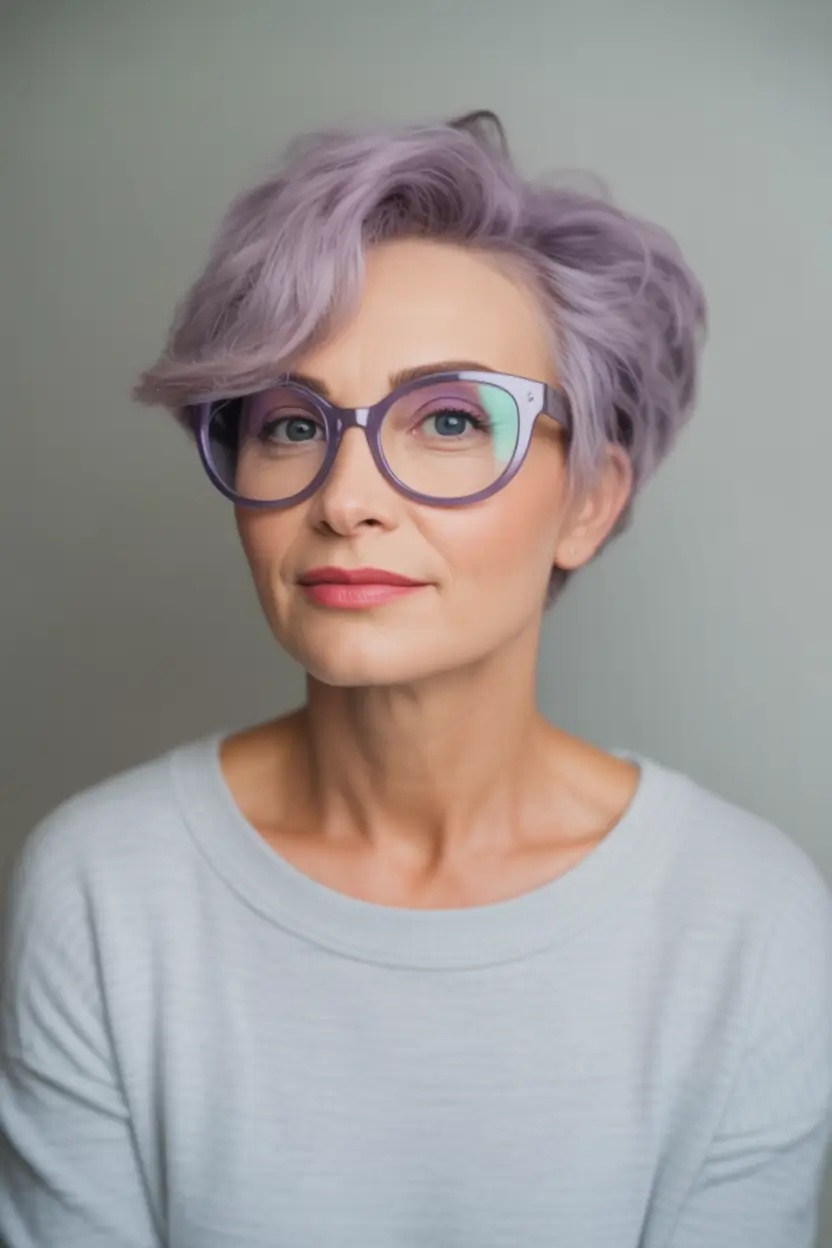 Fall hair color for women over 50+Lavender Smoke Pixie with Whimsical Flair