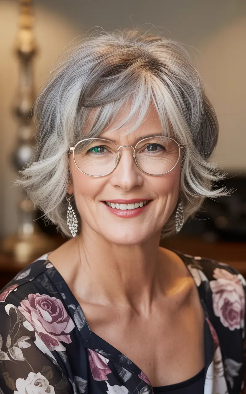 Fall hair color for women over 50+Silver Ash Bob with Feathered Texture