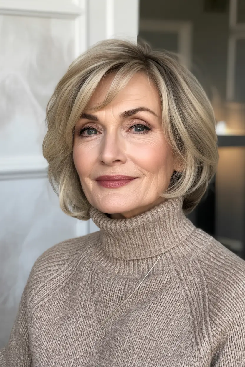 Fall hair color for women over 60+Rooted Blonde Bob with Soft Face-Framing Layers