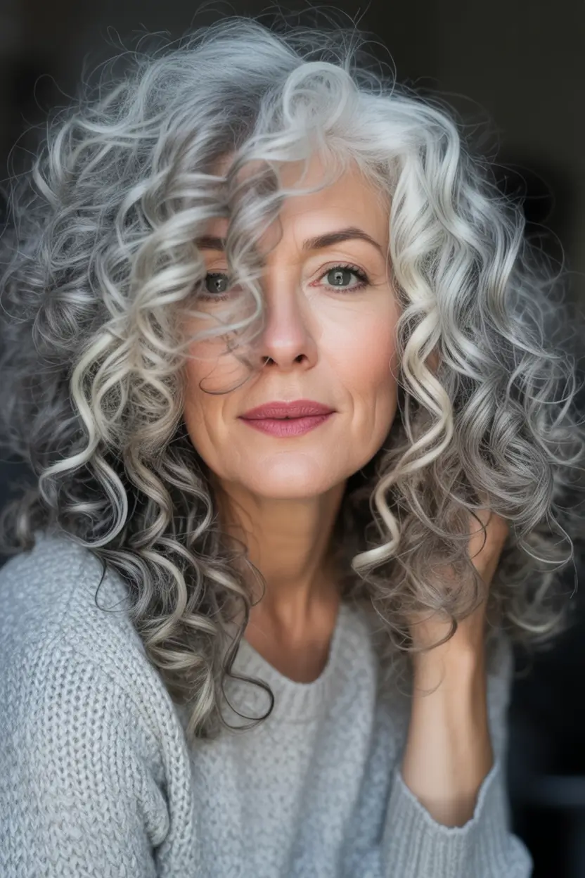 Fall hair color for women over 60+Silver-Graphite Curls with White Accents