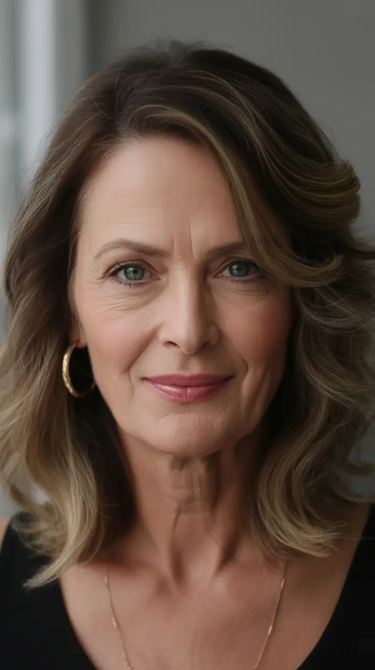 Fall hair color for women over 60+Smoky Caramel Waves with Golden Highlights