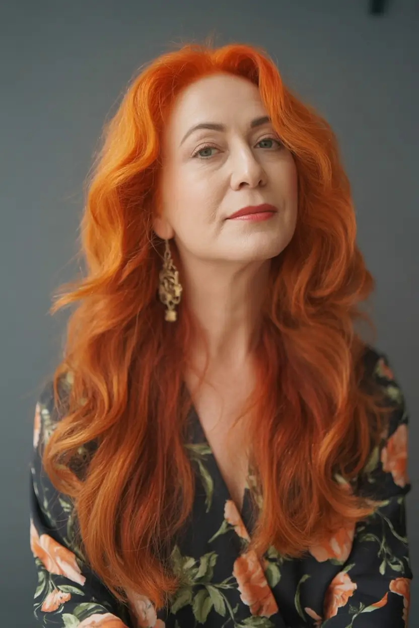 Fall hair color for women over 60+Spiced Pumpkin Red with Flowing Length