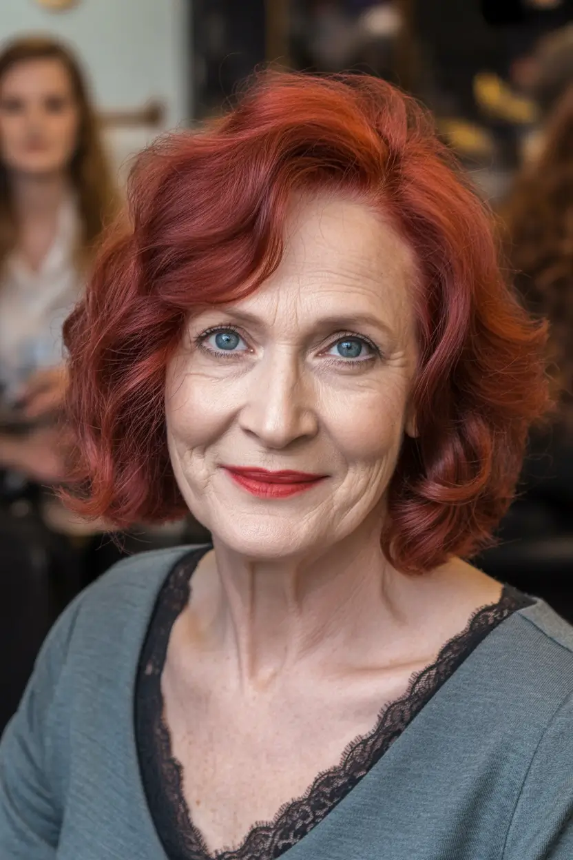 Fall hair color for women over 60+Fiery Auburn with Side Part