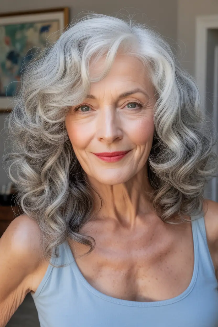 Fall hair color for women over 60+Silver Cloud Curls with Volume