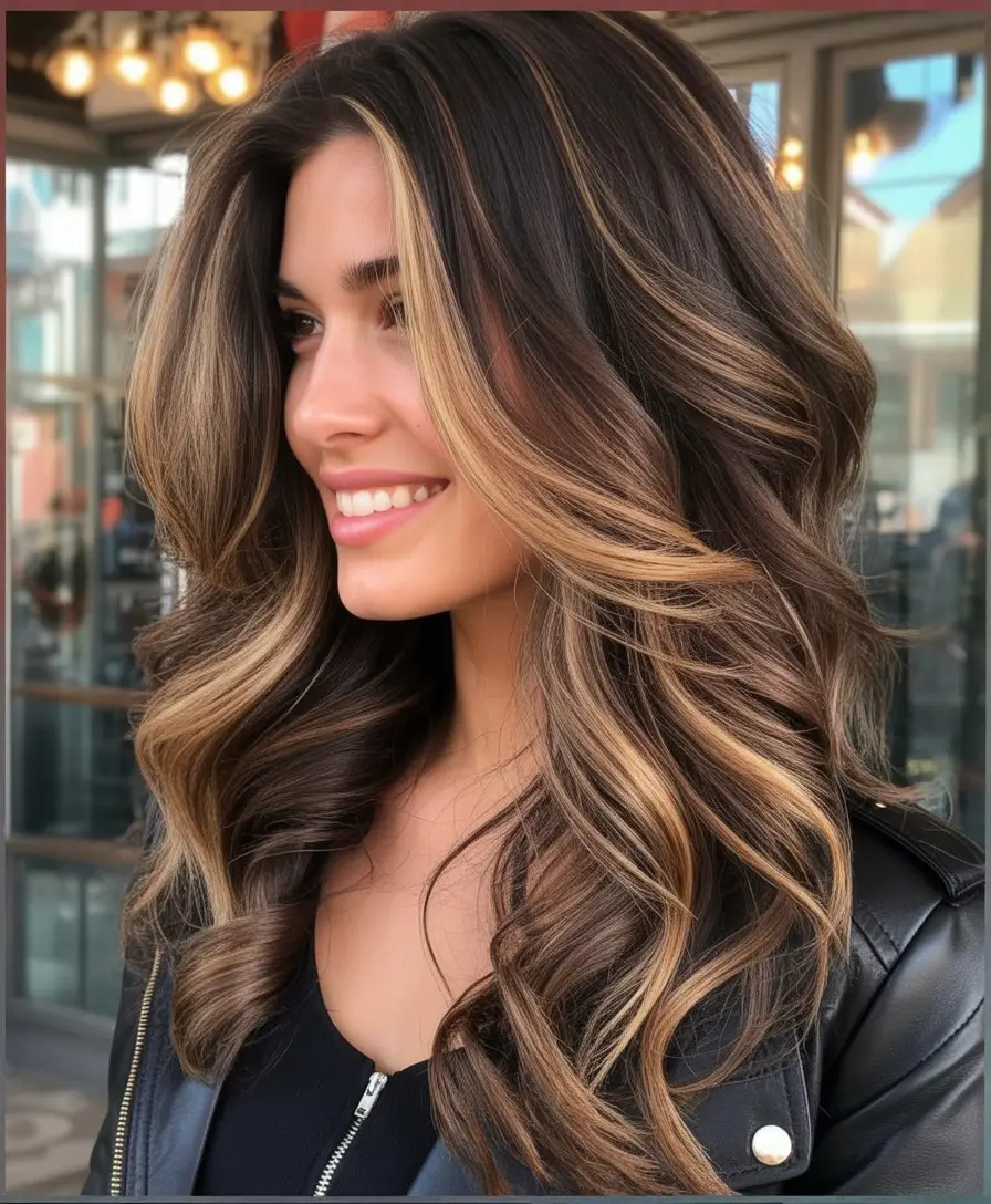 Fall Hair Colors for Warm Skin Bronzed Brunette Money Piece