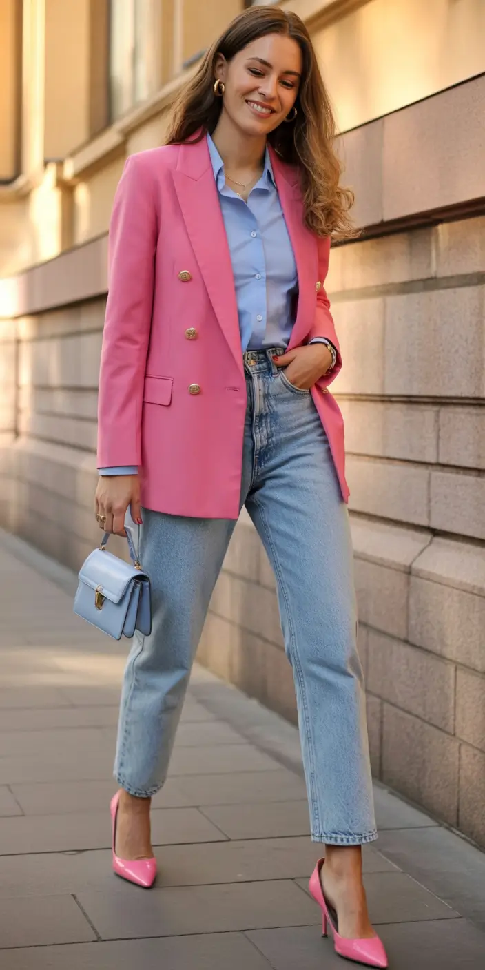 2025 fashion trends street Bubblegum Blazer Meets Boyfriend Denim