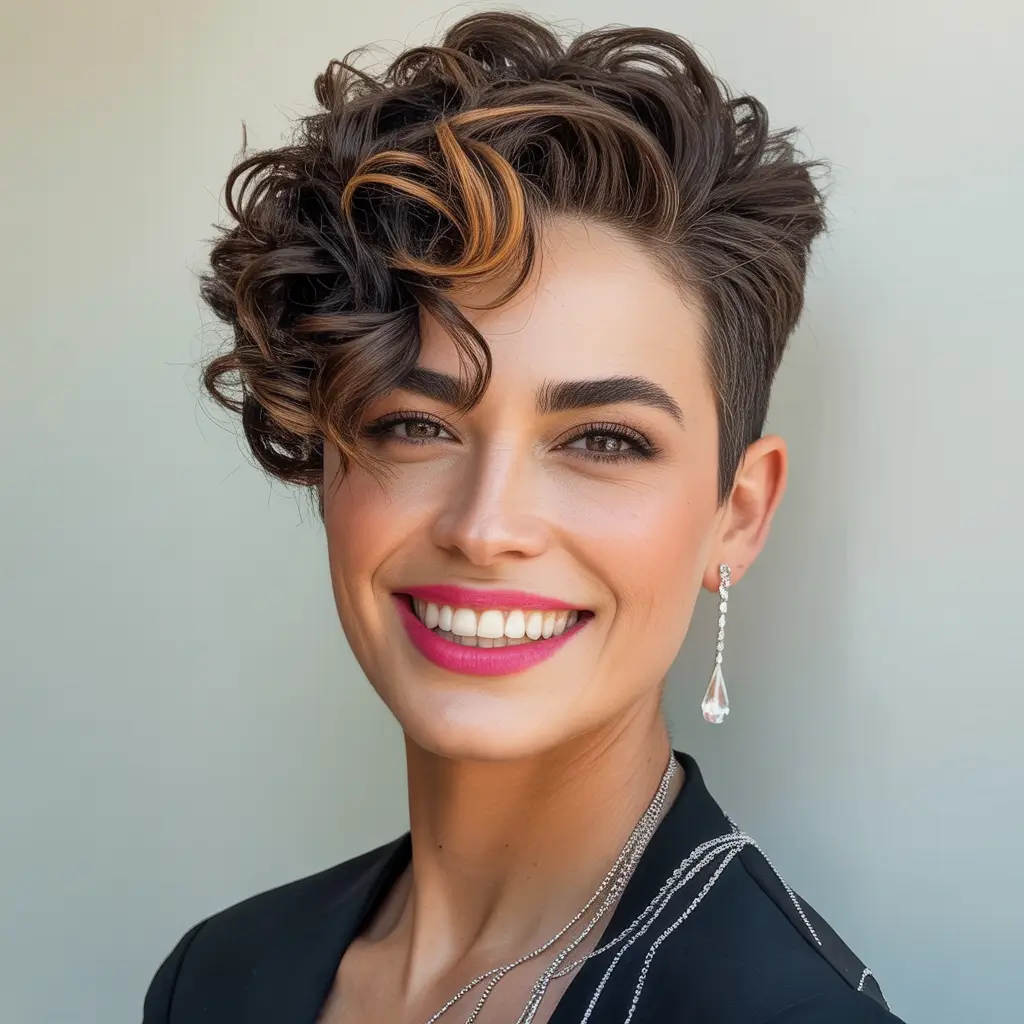 Fall pixie haircut Curly Contrast with Copper Accent