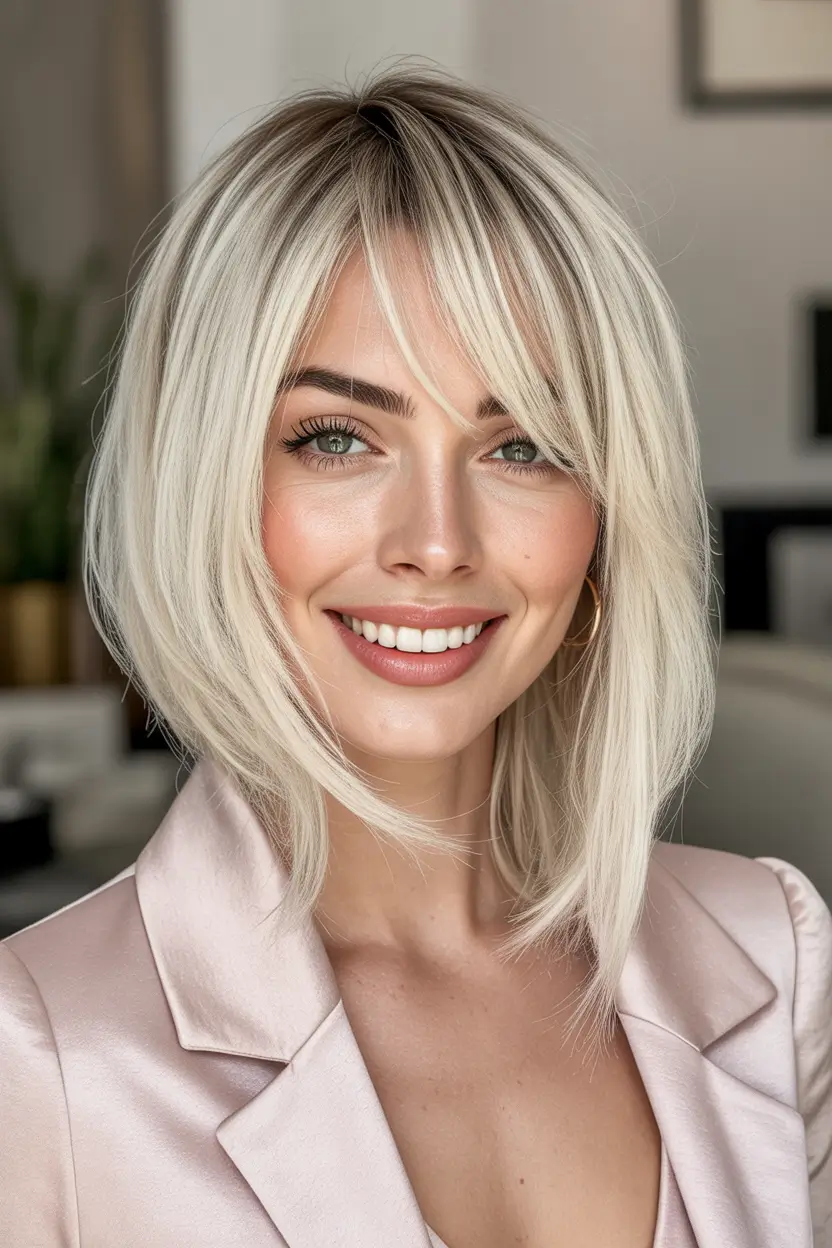 Fall short haircut Feathered Platinum Bob with Curtain Bangs