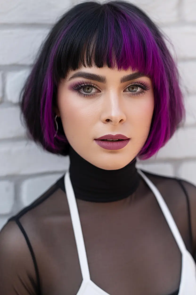Fall short haircut Blackberry Bob with Graphic Purple Bangs