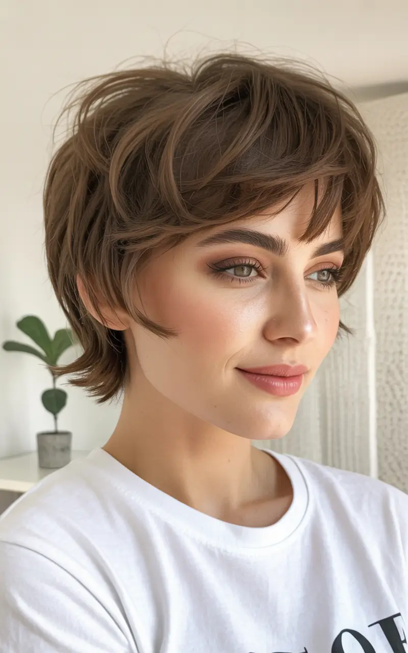 Fall short haircut Textured Mushroom Pixie with Wispy Bangs