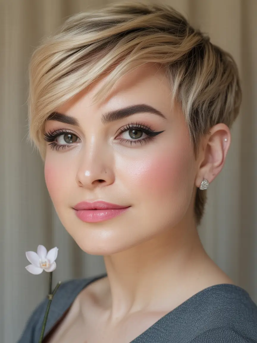 Fall short haircut Soft Blonde Pixie with Side Swept Volume