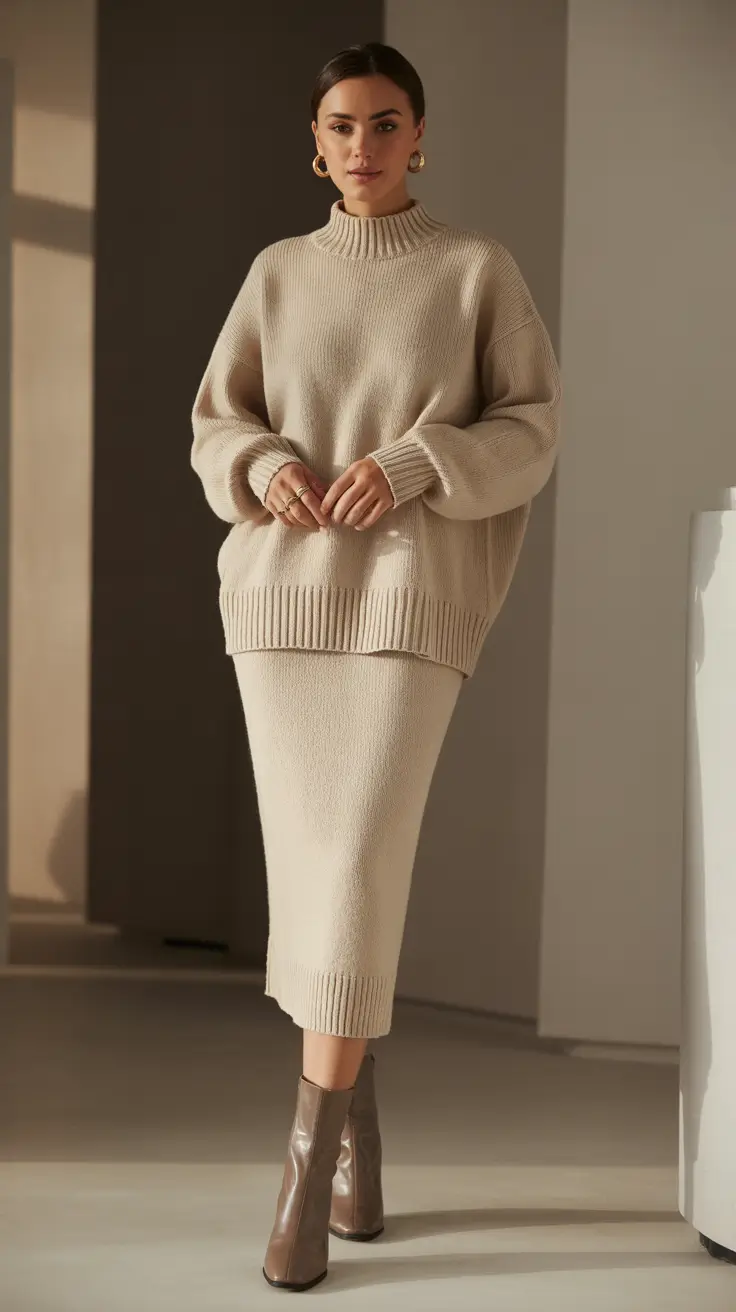 midsize fall outfits Monochrome Knit Set With Maximum Impact