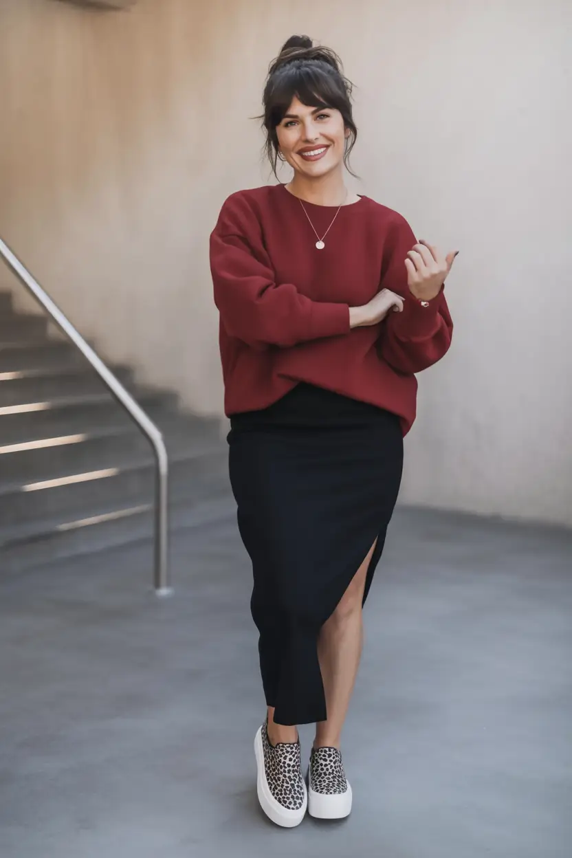 midsize fall outfits Fall Contrast With a Pop of Print