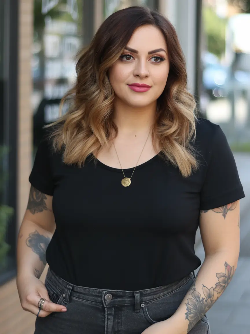 Fall round face haircut Balayage Glow with Medium-Length Glam