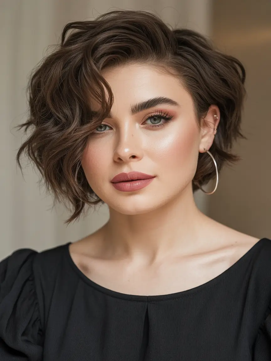 Fall round face haircut Retro Tousled Bob with Side Swept Layers