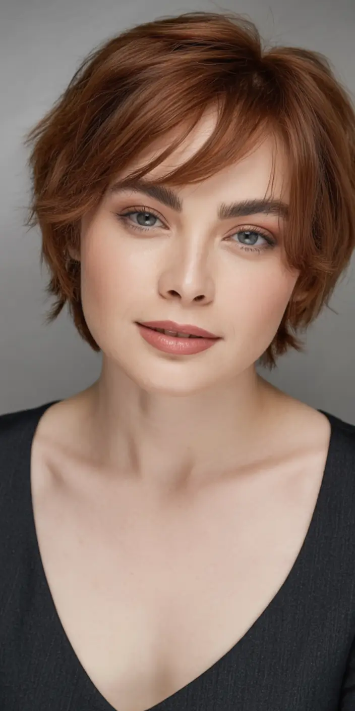 Fall round face haircut Copper-Layered Shag with Curtain Bangs