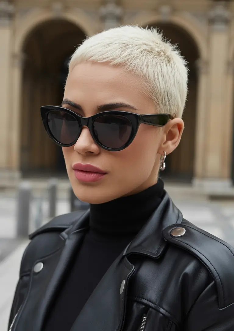 Fall round face haircut Bleached Buzz Cut with Modern Minimalism