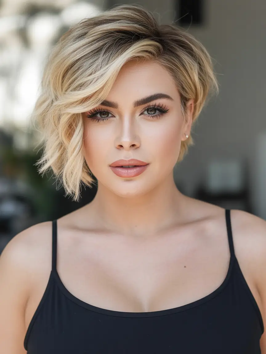 Fall round face haircut Side-Swept Elegance in a Sleek Textured Bob