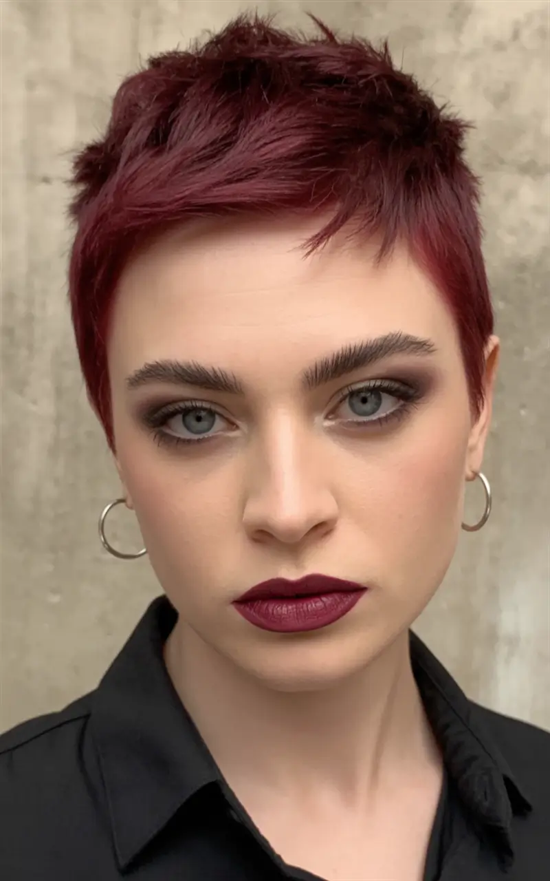 Fall round face haircut Burgundy Pixie with Smoky Confidence