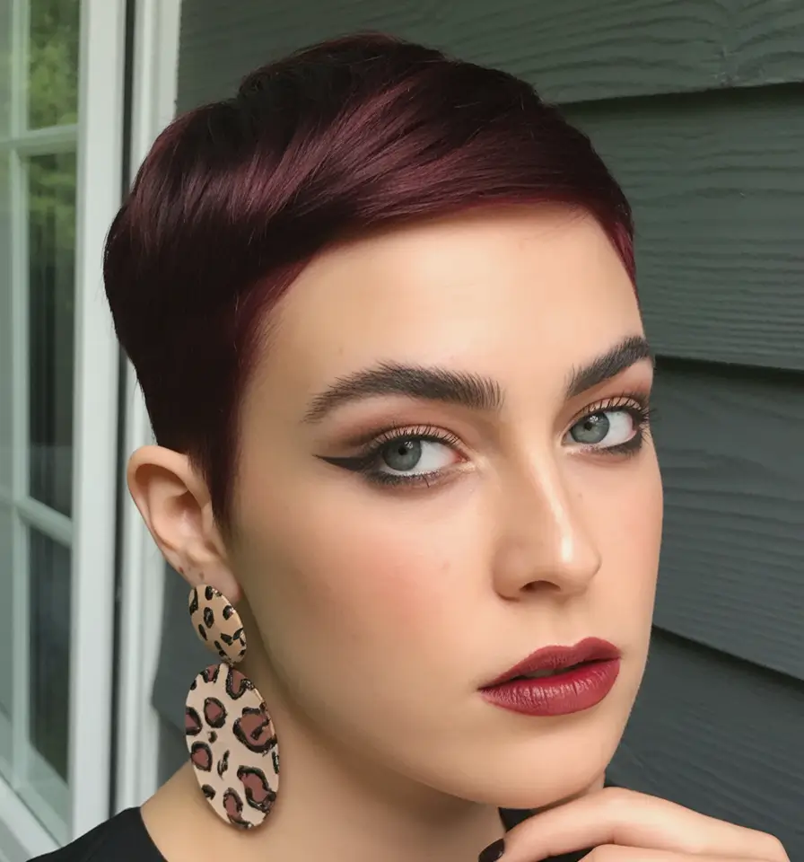 Fall round face haircut Glossy Marsala Pixie with Polished Edges