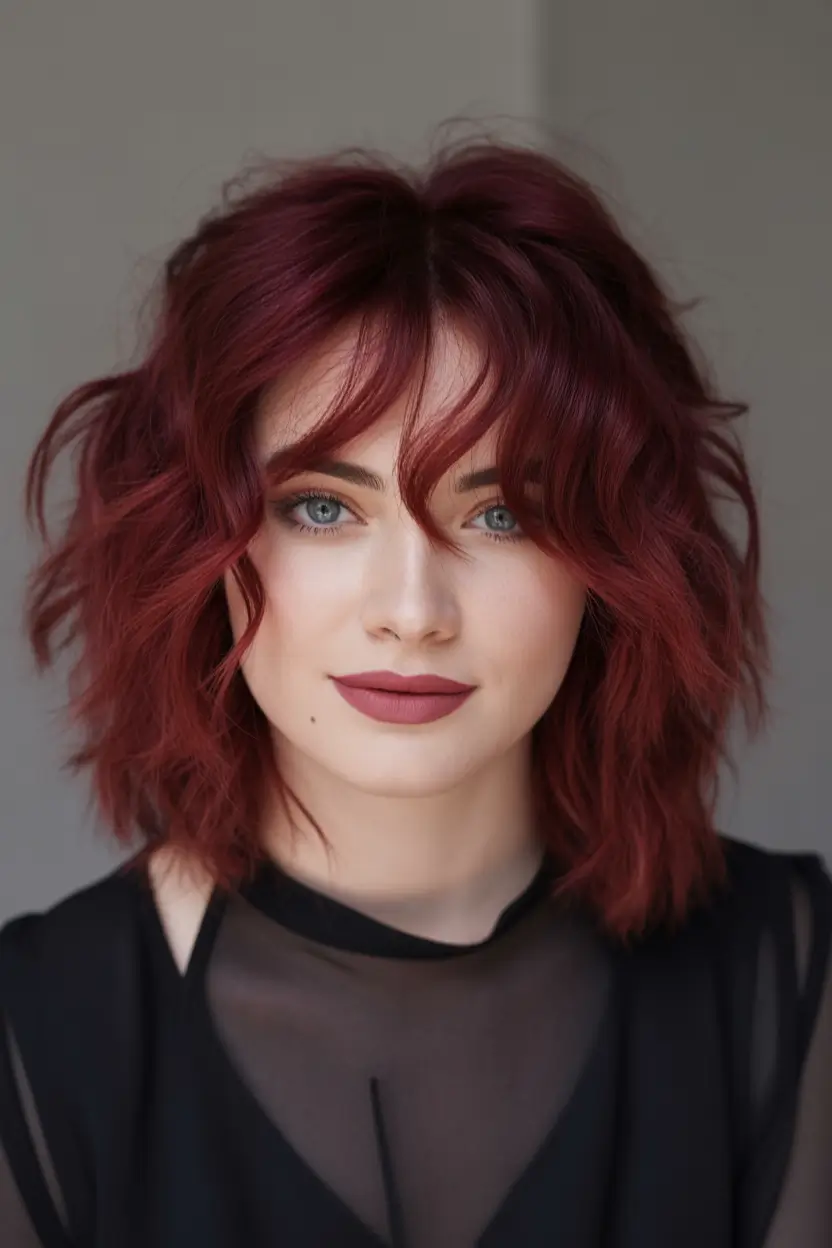 Fall round face haircut Modern Mermaid Vibes with Crimson Waves