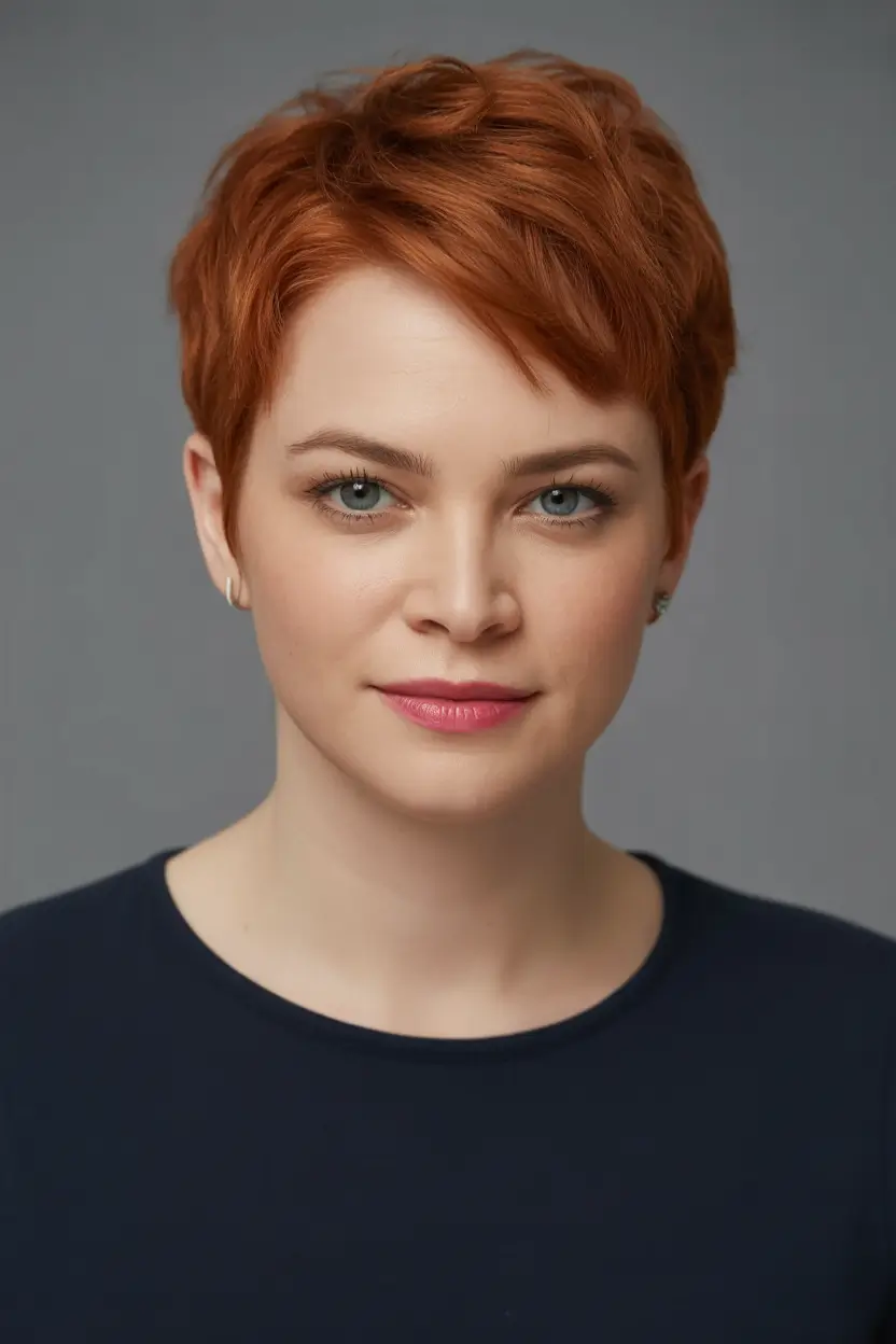 Fall round face haircut Rust-Toned Pixie with Precision and Warmth