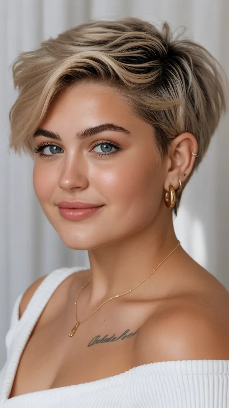 Fall round face haircut Layered Platinum Pixie with Attitude