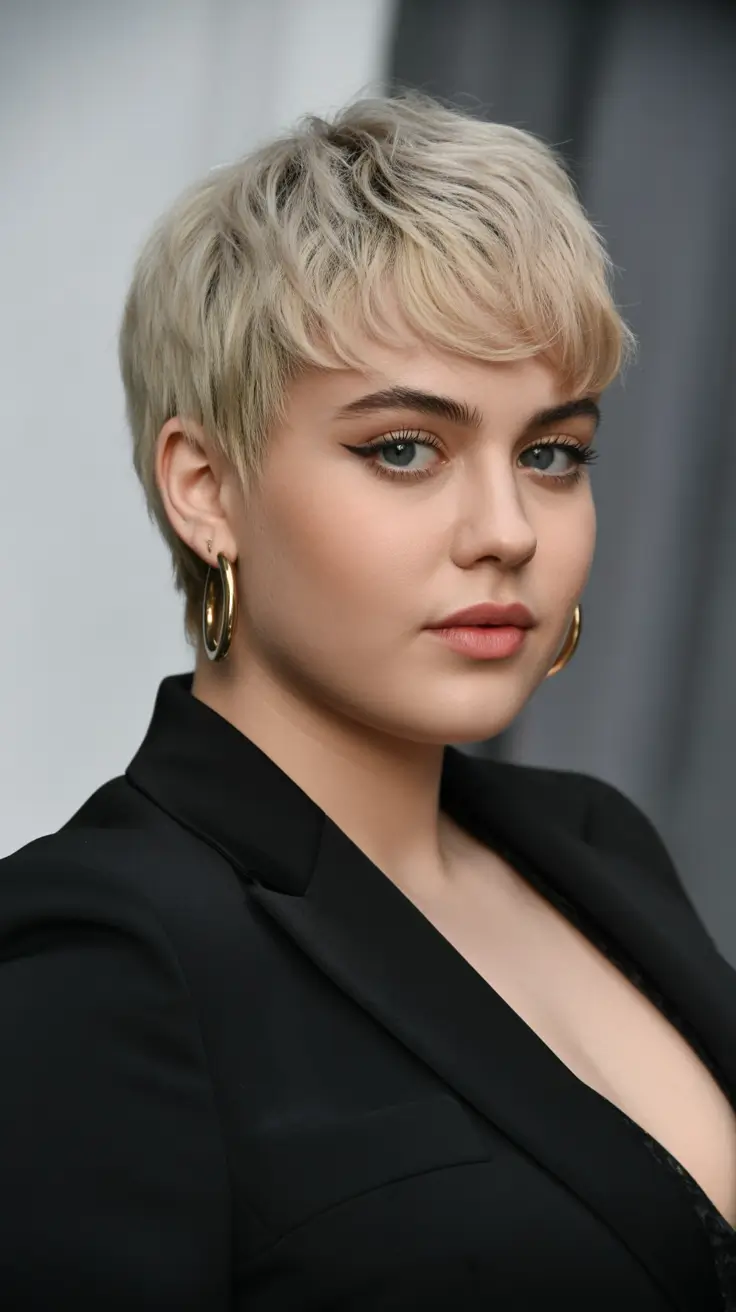 Fall round face haircut Feathered Blonde Pixie with Side Texture