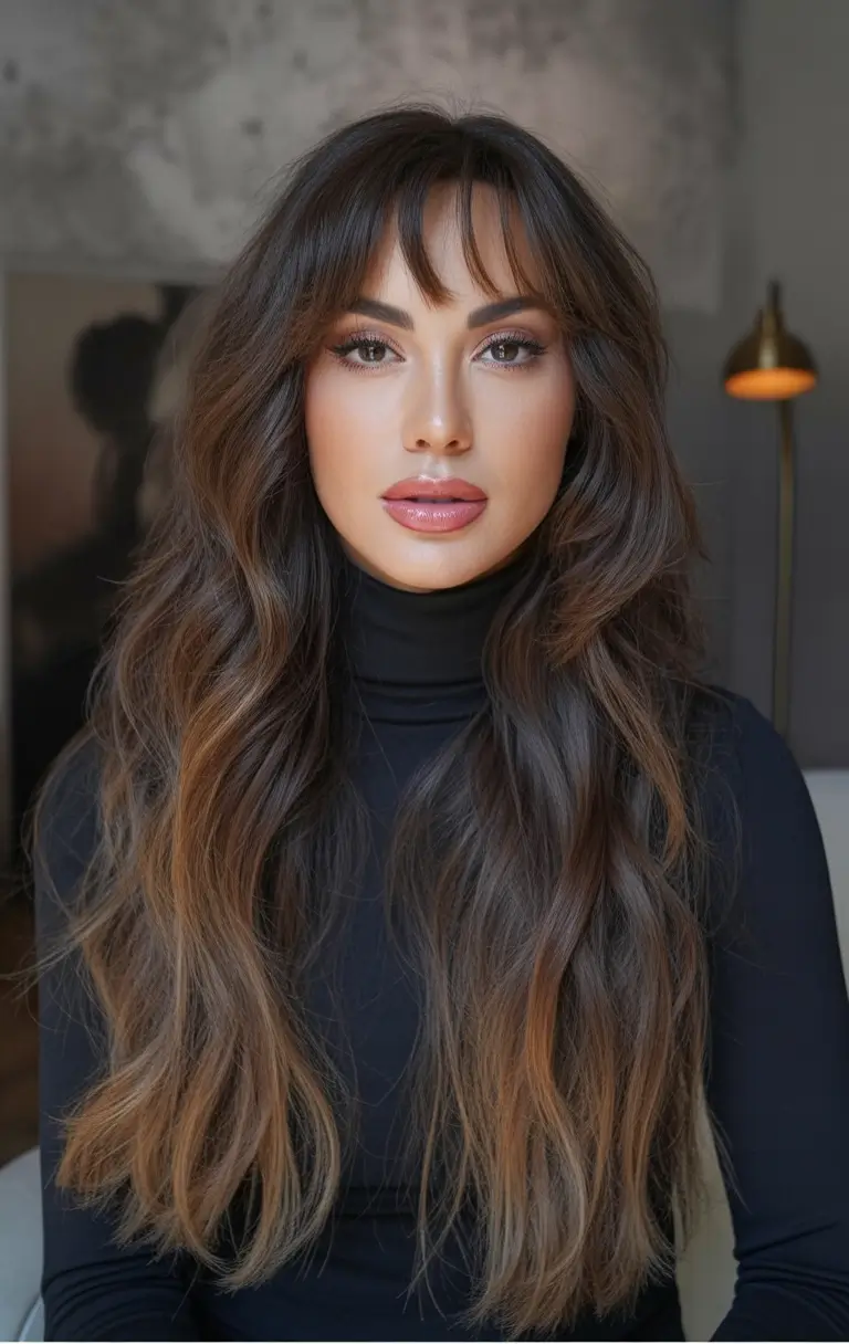 Fall Haircuts Dark Chocolate Waves with Soft Fringe