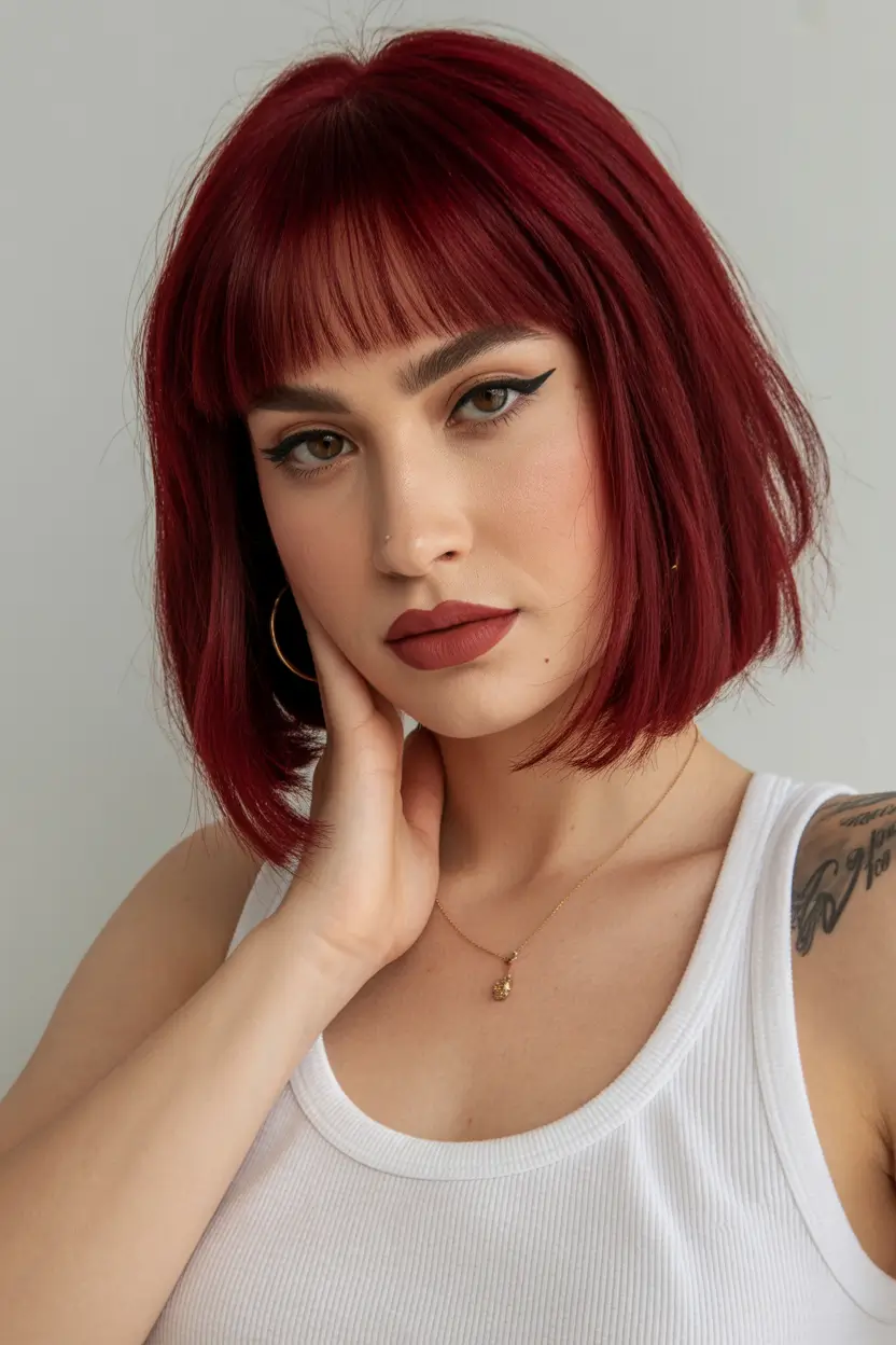 Fall Haircuts Classic Red Bob with Blunt Bangs