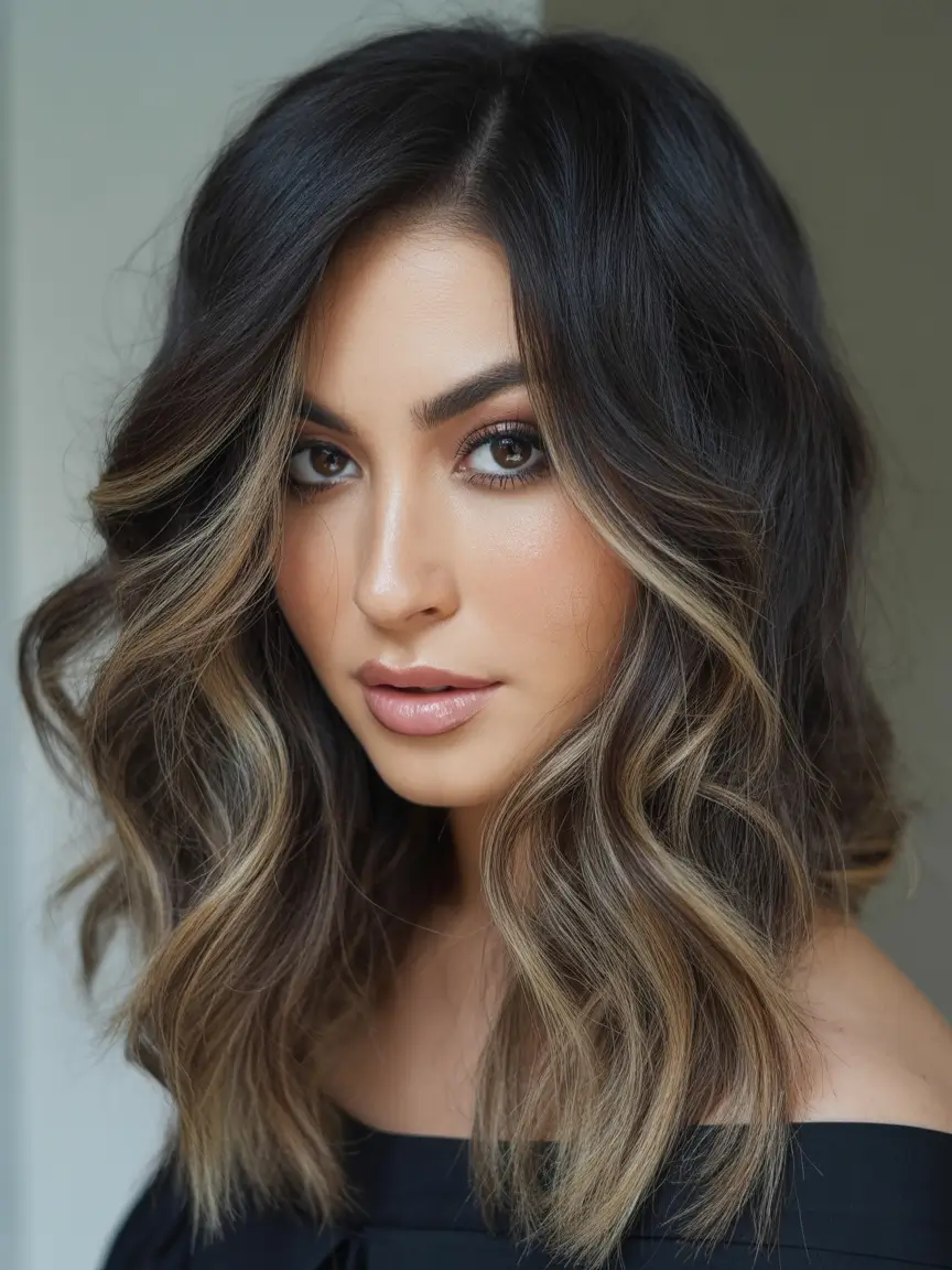 Fall Haircuts Soft Brunette Lob with Caramel Highlights