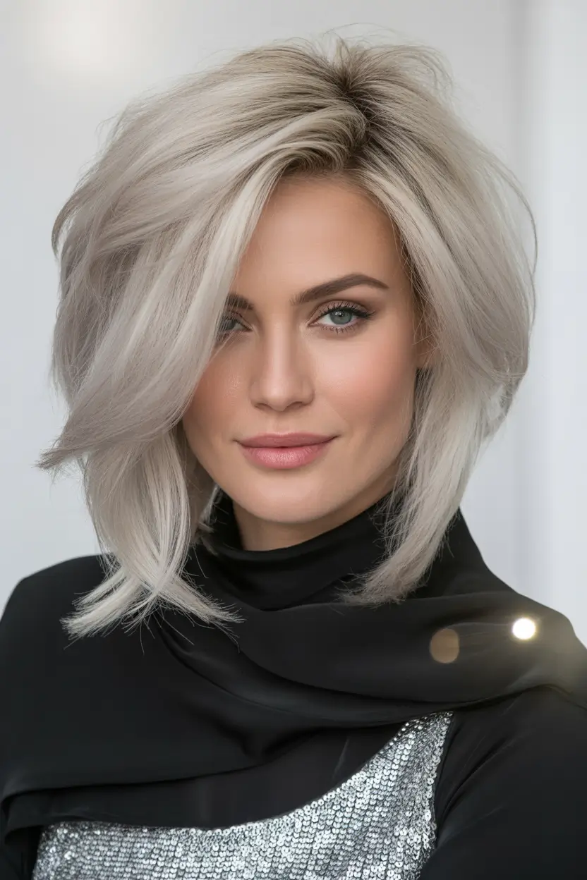 Fall Haircuts Layered Platinum Lob with Side Sweep