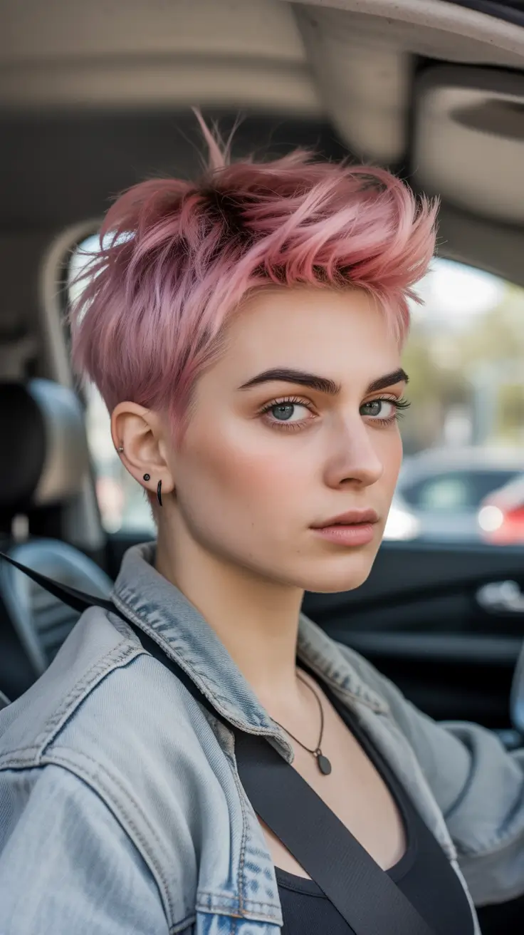 Fall Haircuts Textured Pixie in Dusty Pink