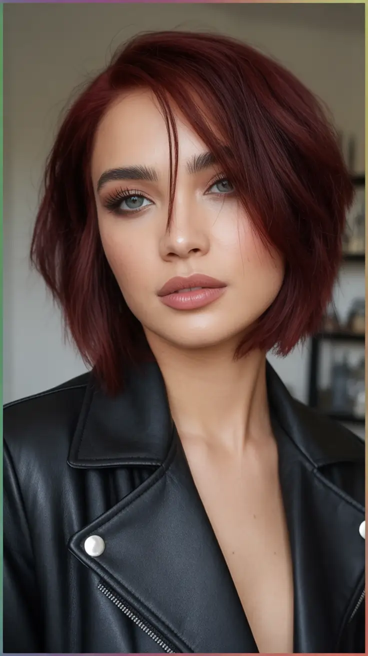 Fall Haircuts Deep Burgundy Bob with Piecey Bangs