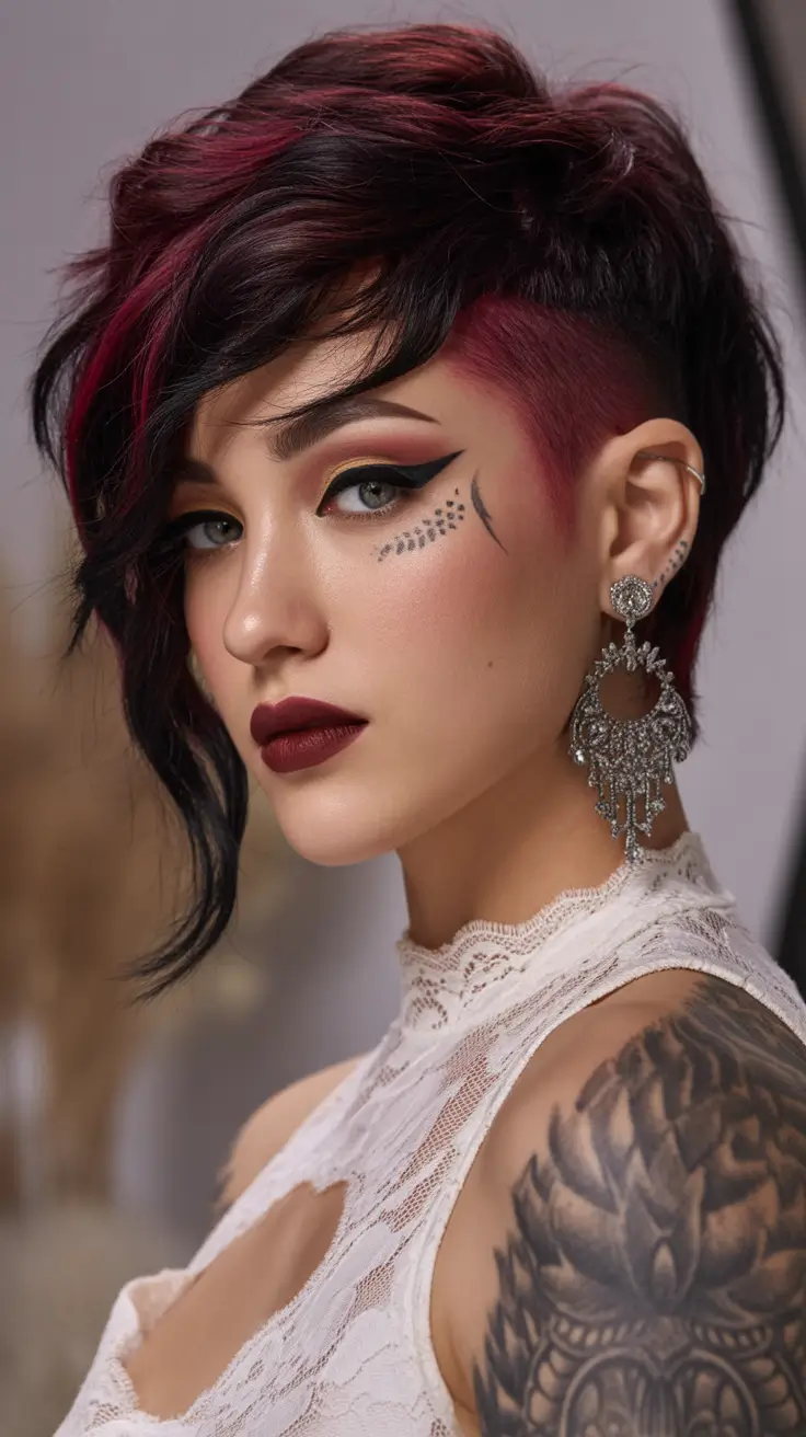 Fall Haircuts Edgy Shaved Undercut with Burgundy Highlights