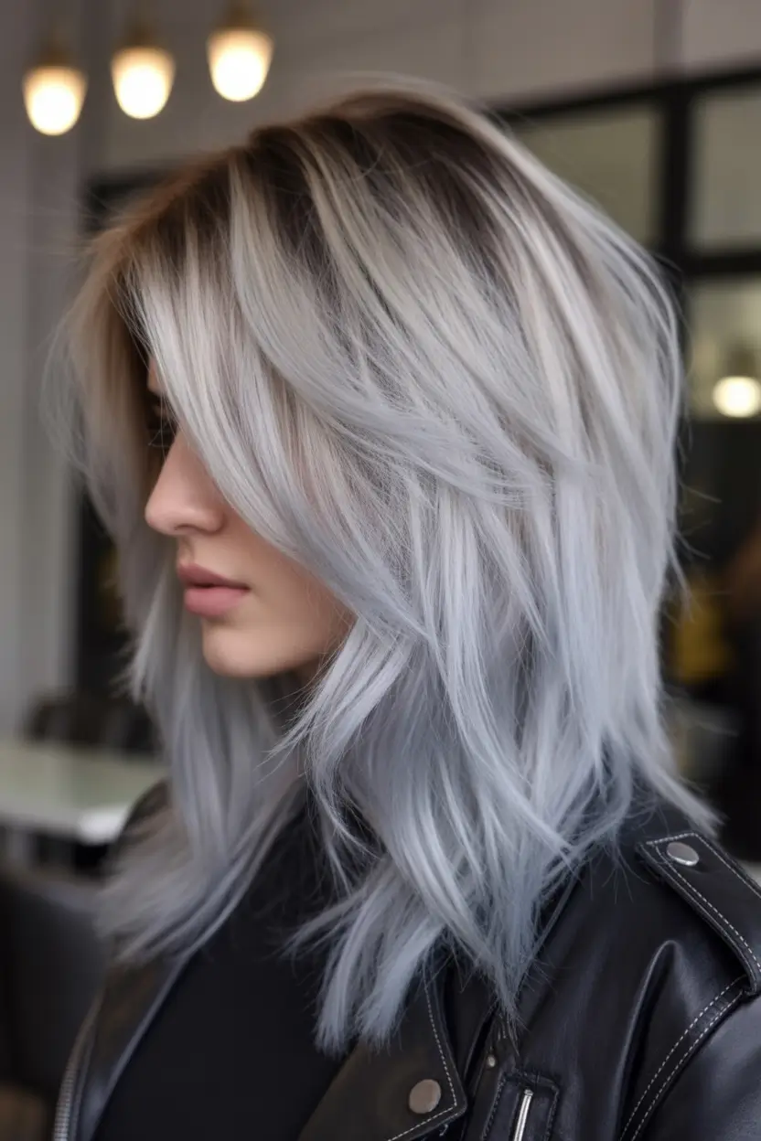 Fall Haircuts Layered Silver with Lavender Undertones