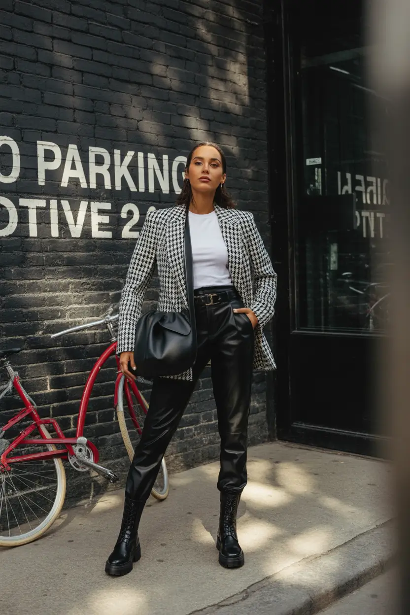 casual autumn street style chic Power Check and Leather Pants