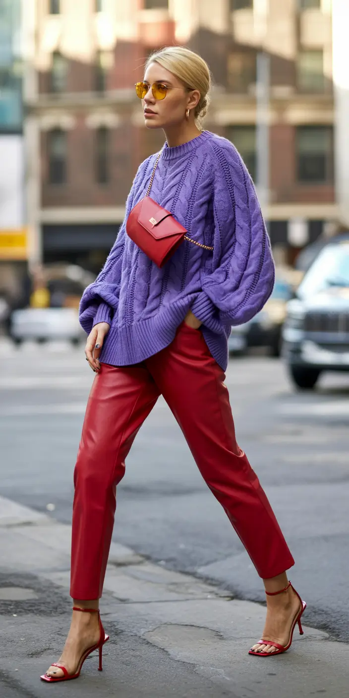 Casual autumn street style chic 2025 Peppery Purple Meets Leather Red