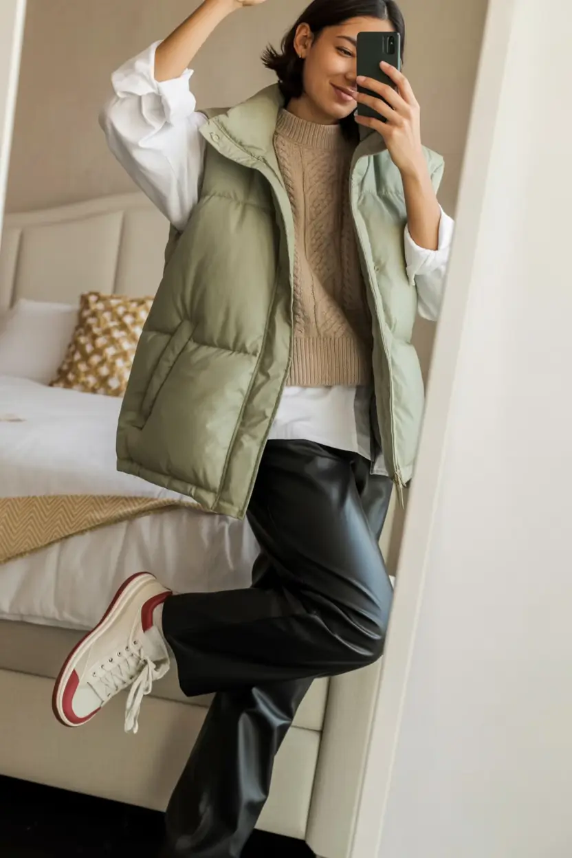 casual comfy Layered Puffer & Leather Pants Cool