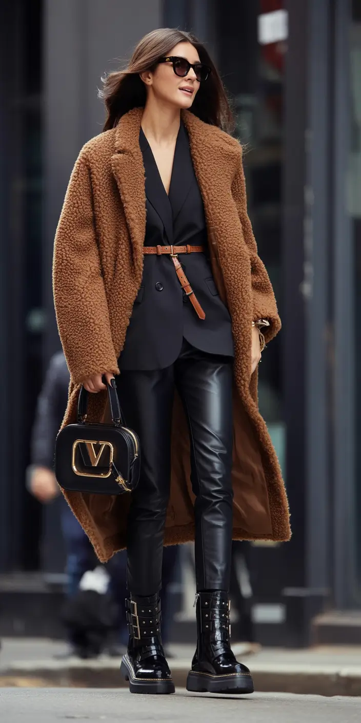 classy business casual Boss Energy in Belted Black & Teddy Texture