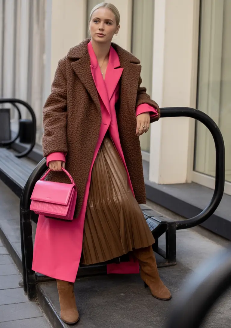 fall fashion outfits Layered Neutrals Meet Flashy Fuchsia