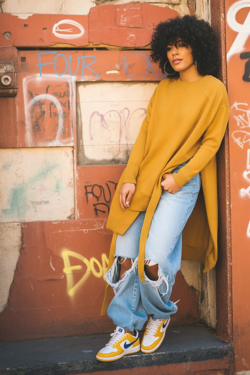 fall sweater outfits Street Cool in Saffron and Denim