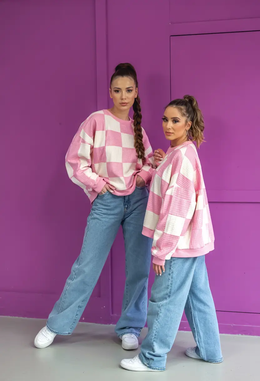 fall sweater outfits Bubblegum Checks and Denim Dreams