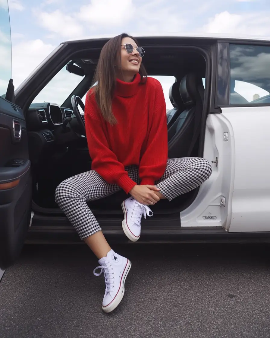 fall sweater outfits Gingham and Scarlet Vibes