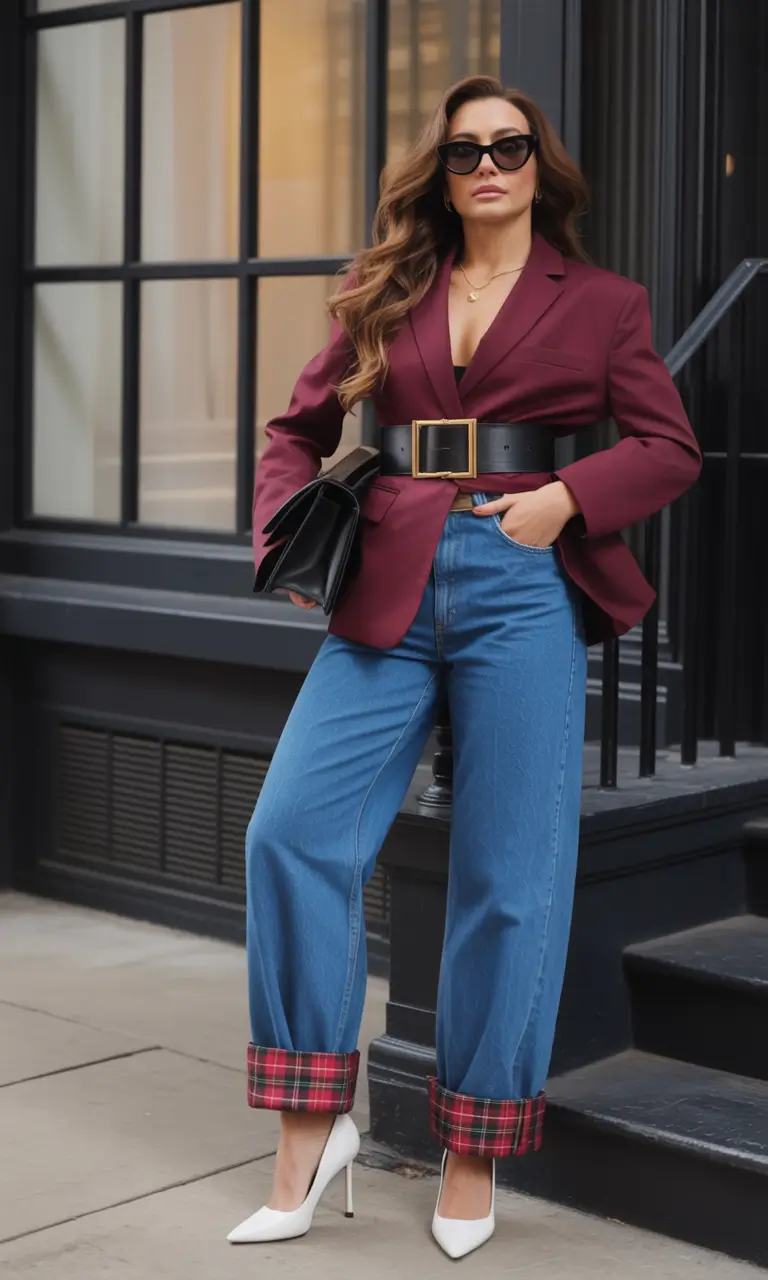 fall plus size capsule wardrobe Bold Belted Blazer & Denim Confidence