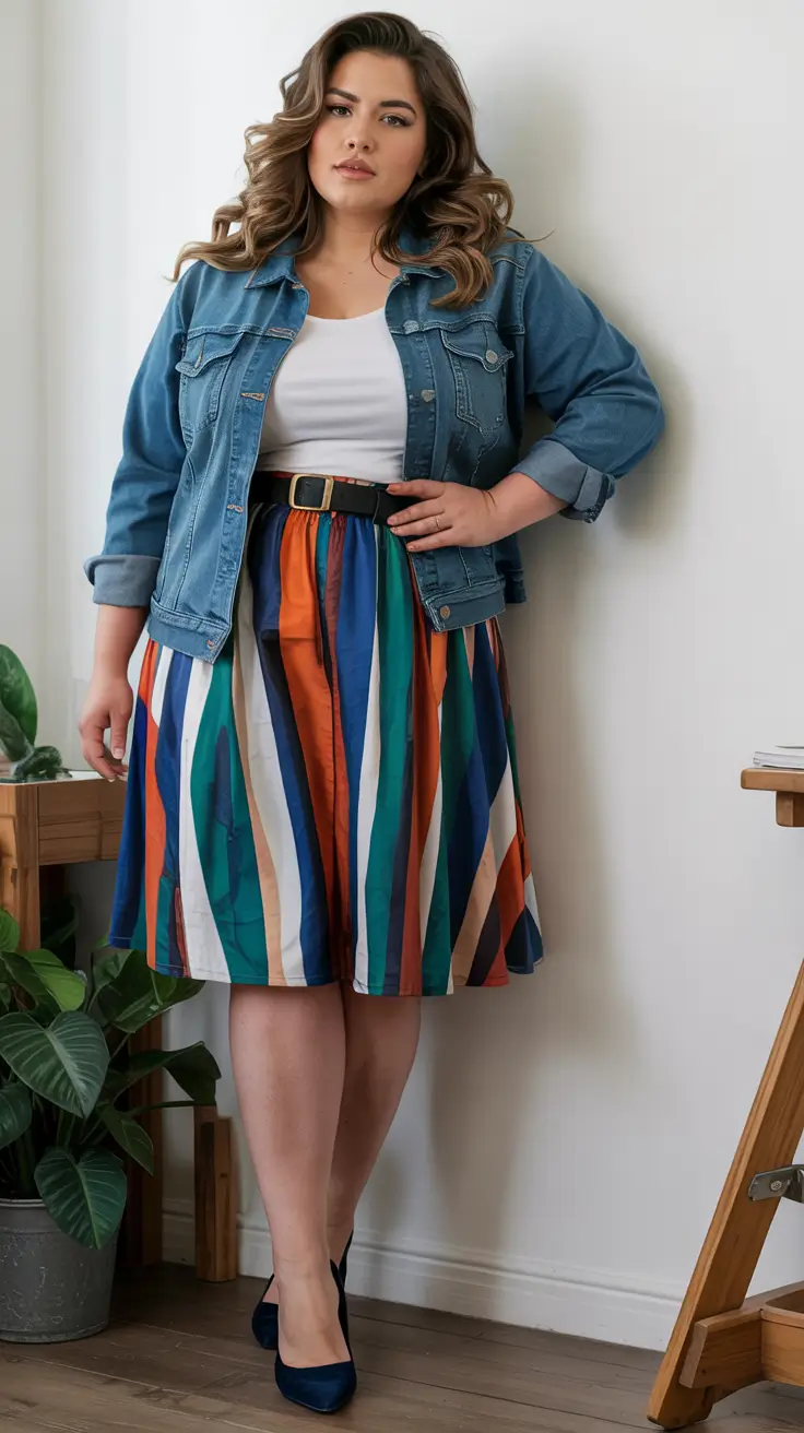 fall plus size capsule wardrobe Colorful Prep Meets Denim Classic