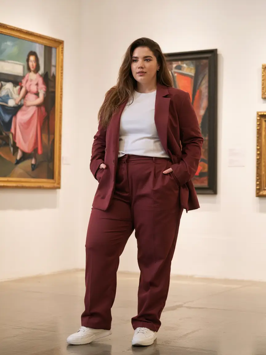 fall plus size capsule wardrobe Wine-Toned Suiting With Weekend Energy