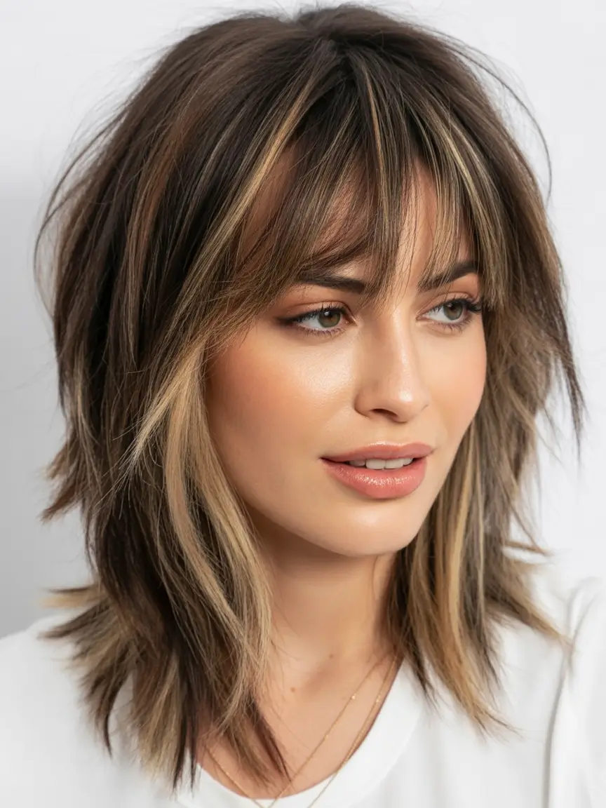 Fall shag haircut Textured Honey Brunette with Highlight Ribbons