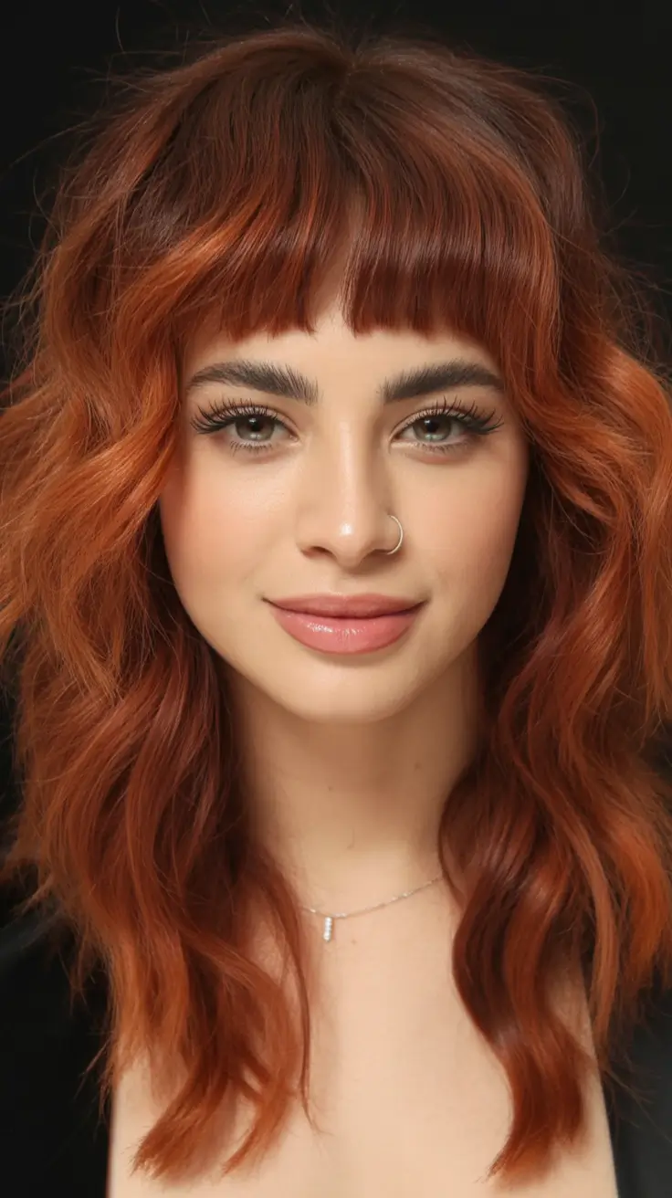 Fall shag haircut Burnt Copper Bob with Retro Micro Fringe