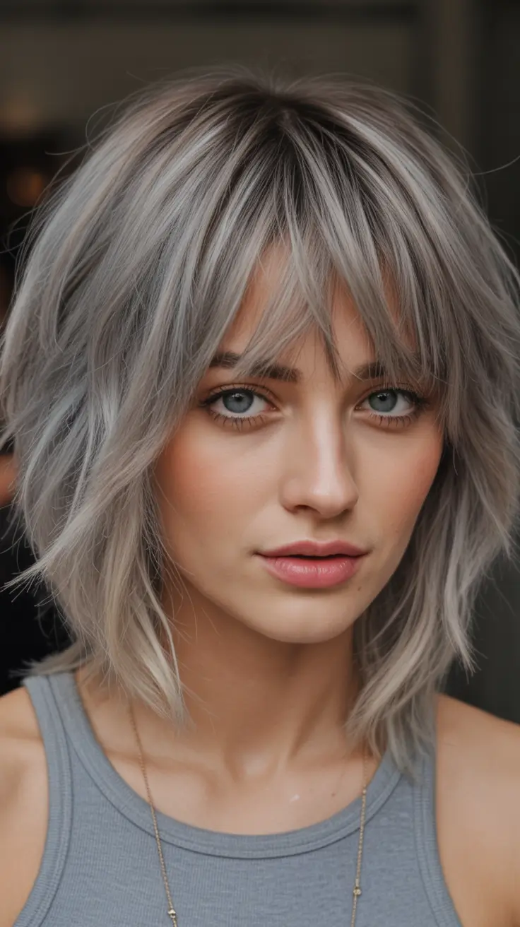 Fall shag haircut Steel Shaggy Crop with Cool Lilac Undertones